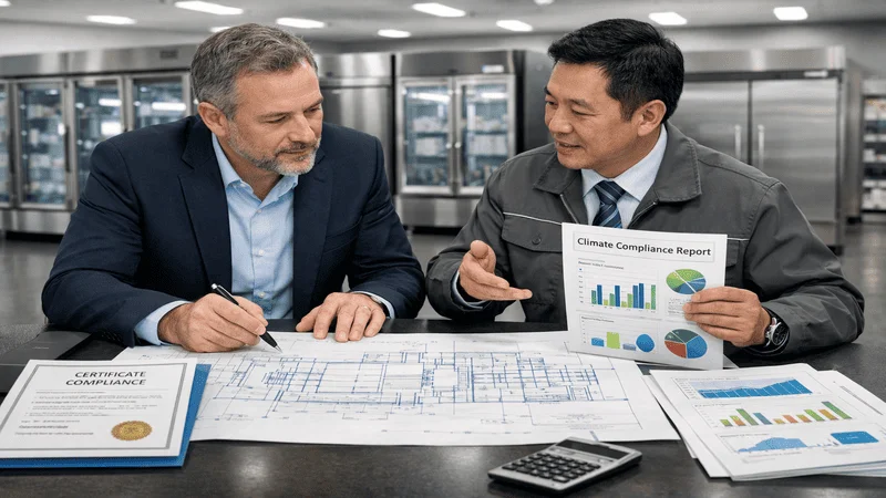 B2B engineers reviewing commercial refrigeration system design and climate compliance report