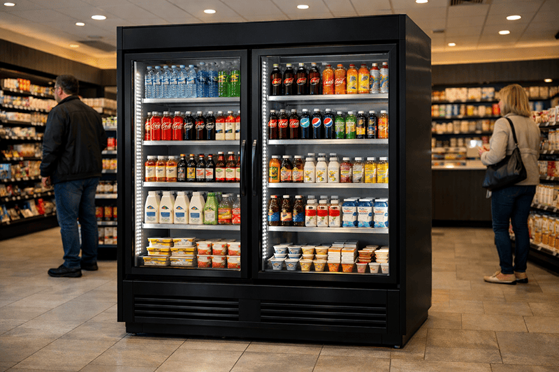 Black glass door commercial merchandiser fridge for beverage and dairy display in retail stores