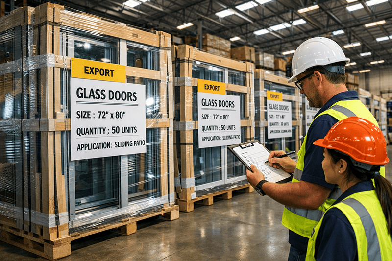 Bulk glass doors packed for export in warehouse with workers inspecting shipment