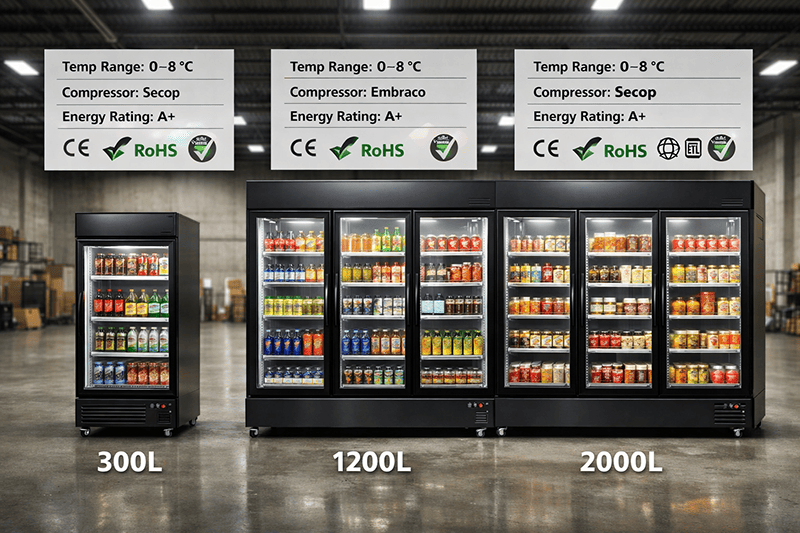 Commercial display fridge comparison 300L, 1200L, 2000L, specs and certifications