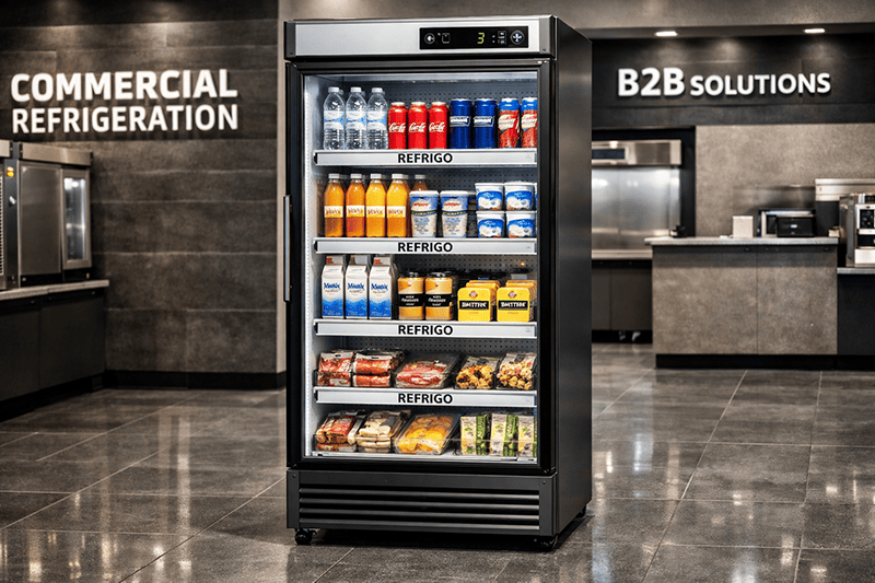 Commercial display fridge in B2B showroom with stocked branded shelves