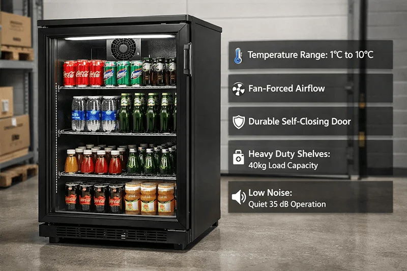 Commercial glass door beverage fridge with fan-forced airflow, heavy-duty shelves, self-closing door, and low noise operation