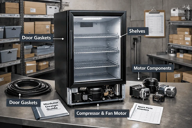 Commercial glass door mini-fridge with visible spare parts, including door gaskets, shelves, and motor components in an industrial supply room