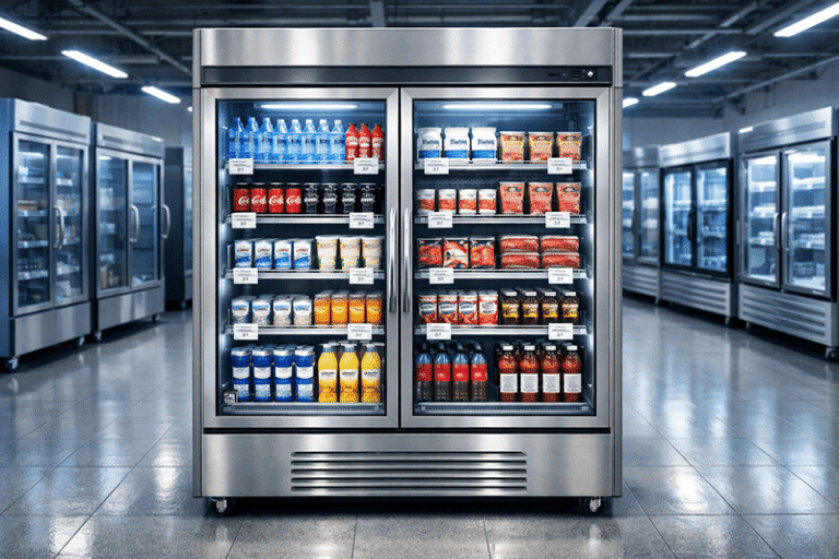 Commercial glass door refrigerator in showroom with LED lighting, industrial B2B setting