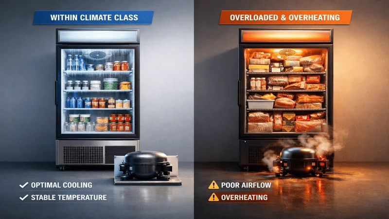Commercial glass door refrigerator showing correct climate class versus overloaded overheating condition