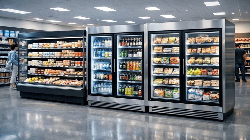 Commercial multideck display refrigerators in supermarket for packaged food and beverage merchandising