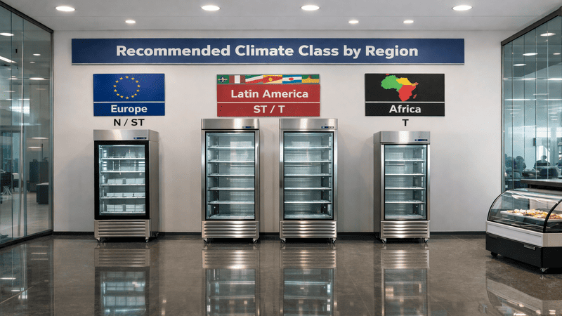 Commercial upright refrigerators displaying recommended climate class by region for global markets