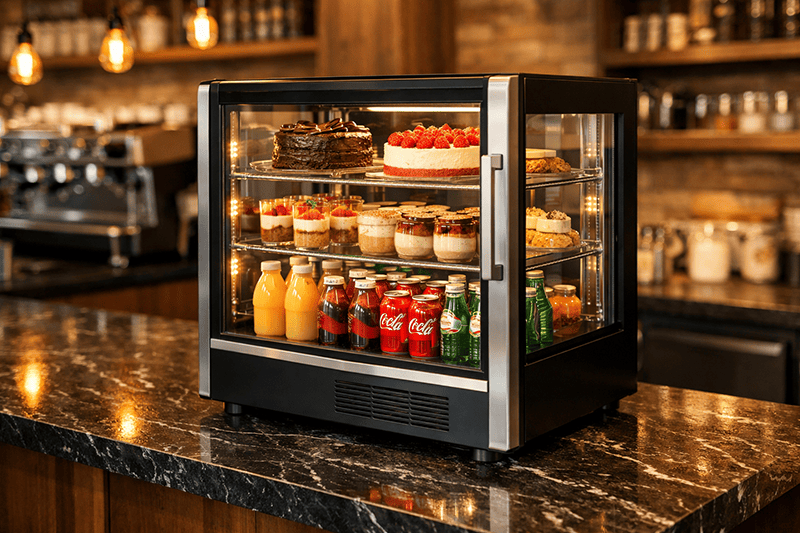 Countertop display fridge with cakes and drinks in modern café setting