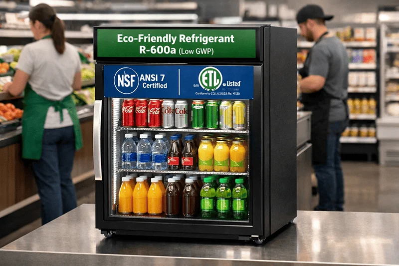 Eco-friendly beverage fridge with R-600a refrigerant, NSFANSI 7, and ETL certifications in a supermarket setting