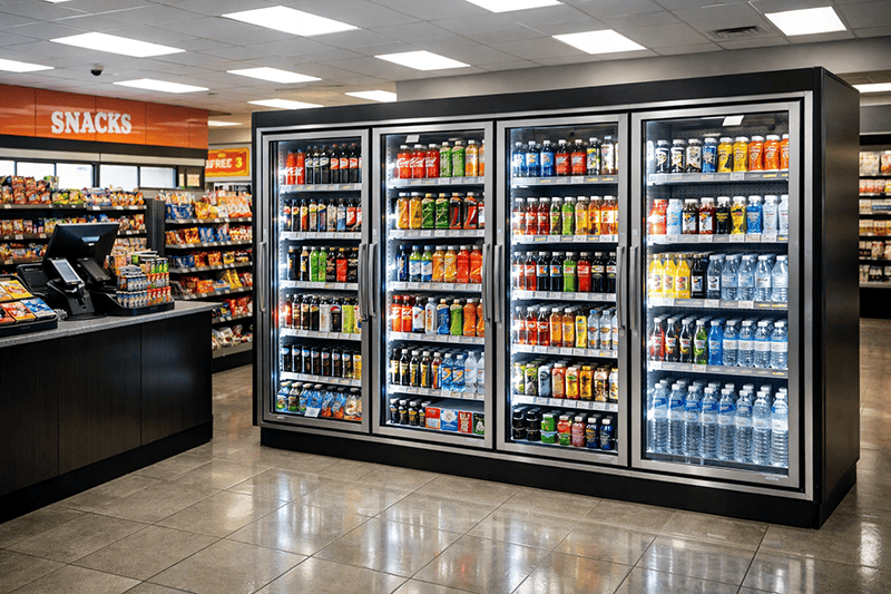 Glass door beverage fridges in modern convenience store interior