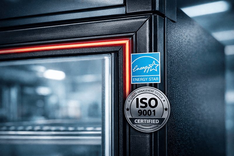 Glass door freezer with heated frame, magnetic gasket, Energy Star and ISO 9001 certified