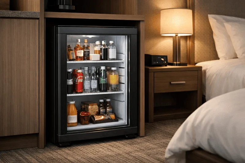 Glass door minibar fridge in hotel room, showcasing elegant design and quiet cooling system