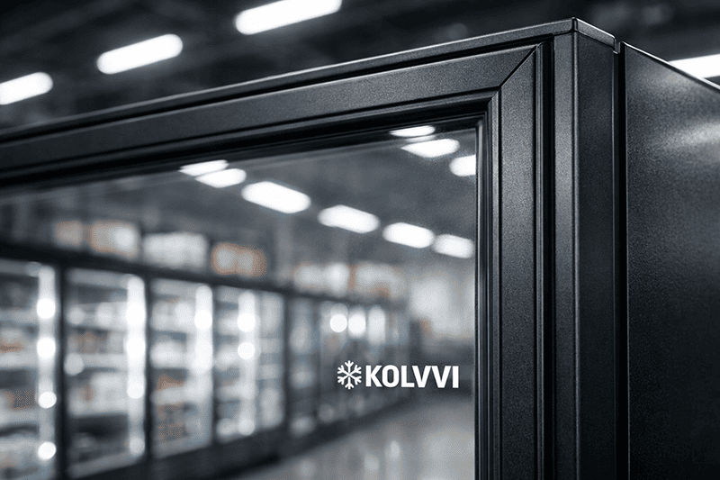 KOLVVI heated glass freezer door in warehouse with LED lighting