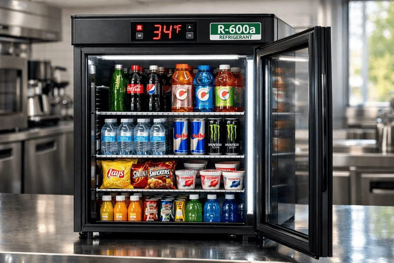 Premium countertop merchandiser fridge with 34°F digital display, R-600a label, LED lighting, door ajar