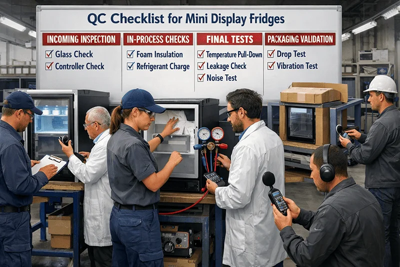 QC checklist for mini display fridges in an industrial inspection setting with inspectors performing checks
