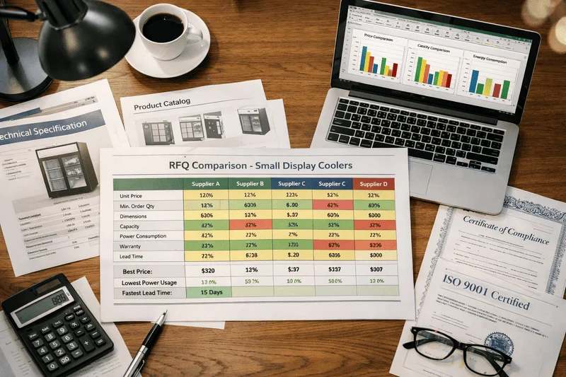 RFQ comparison sheet and documents on business desk workspace