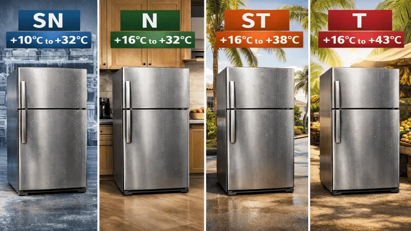 Refrigerator performance comparison across four climate zones with different operating temperature ranges