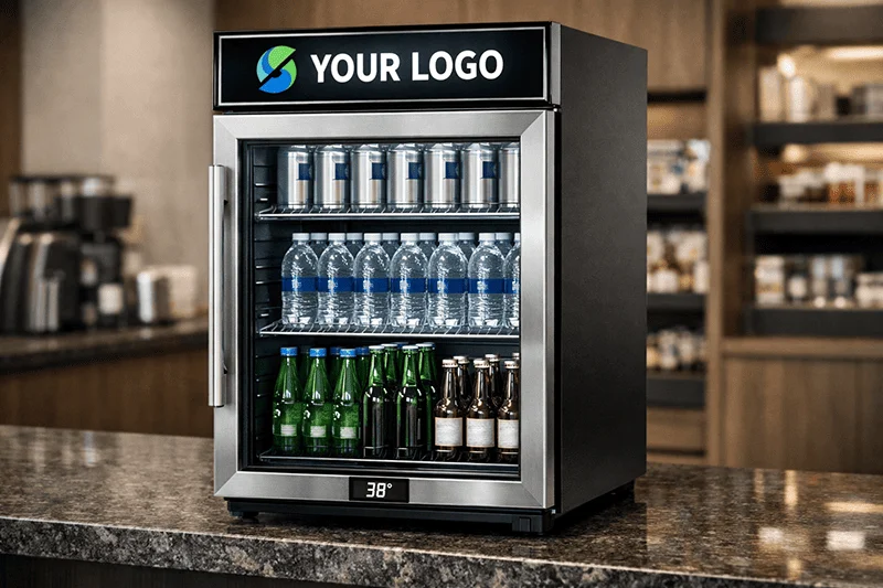 Sleek countertop beverage fridge with custom logo