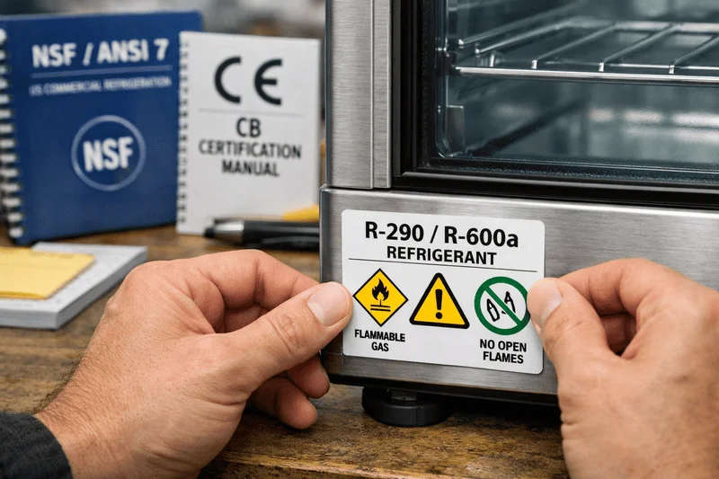 Technician applying R290 R600a refrigerant safety label on mini display fridge in factory inspection room