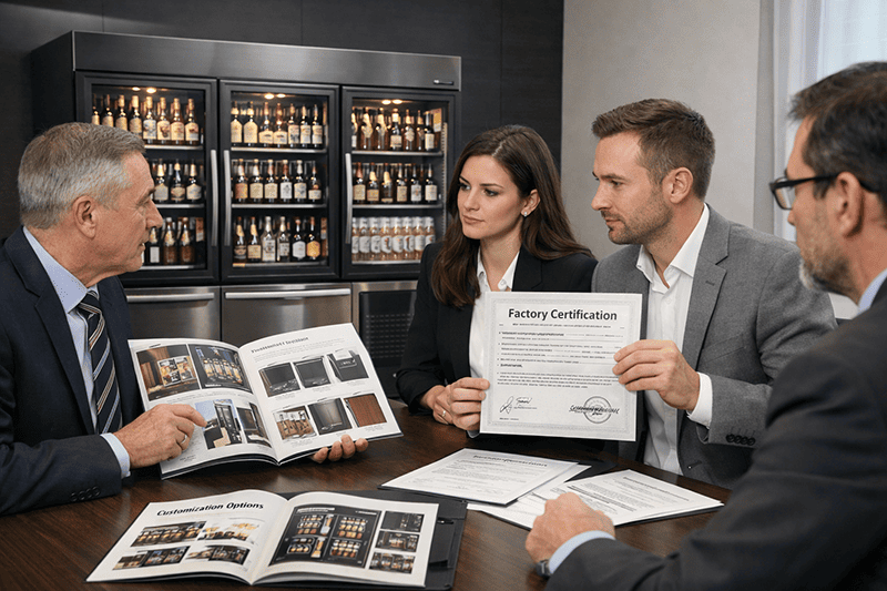 Business meeting discussing beer fridge manufacturer selection with product catalogs and factory certifications in a modern office