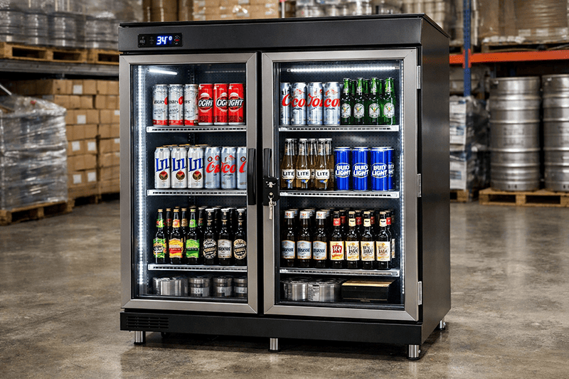 Commercial beer fridge for high-volume use with adjustable shelves, LED lighting, and digital controls