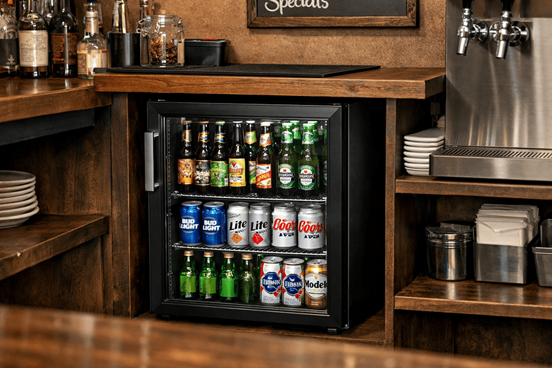 Compact mini fridge with beer selection in a small bar setting, ideal for low traffic areas, space-saving design
