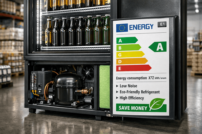 Energy-efficient commercial beer fridge with eco-friendly components in a wholesale warehouse
