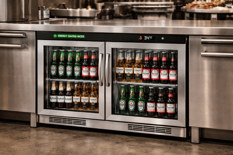 Energy-efficient undercounter beer fridge for commercial kitchens.