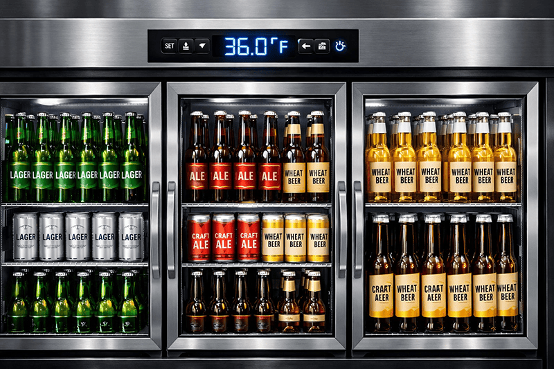High-quality commercial beer fridge with temperature control, stocked with lager, craft ale, and wheat beer, designed for bar and restaurant use