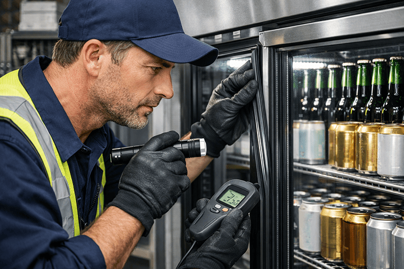 Refrigeration technician inspecting beer fridge door seals in industrial setting for leaks and energy efficiency
